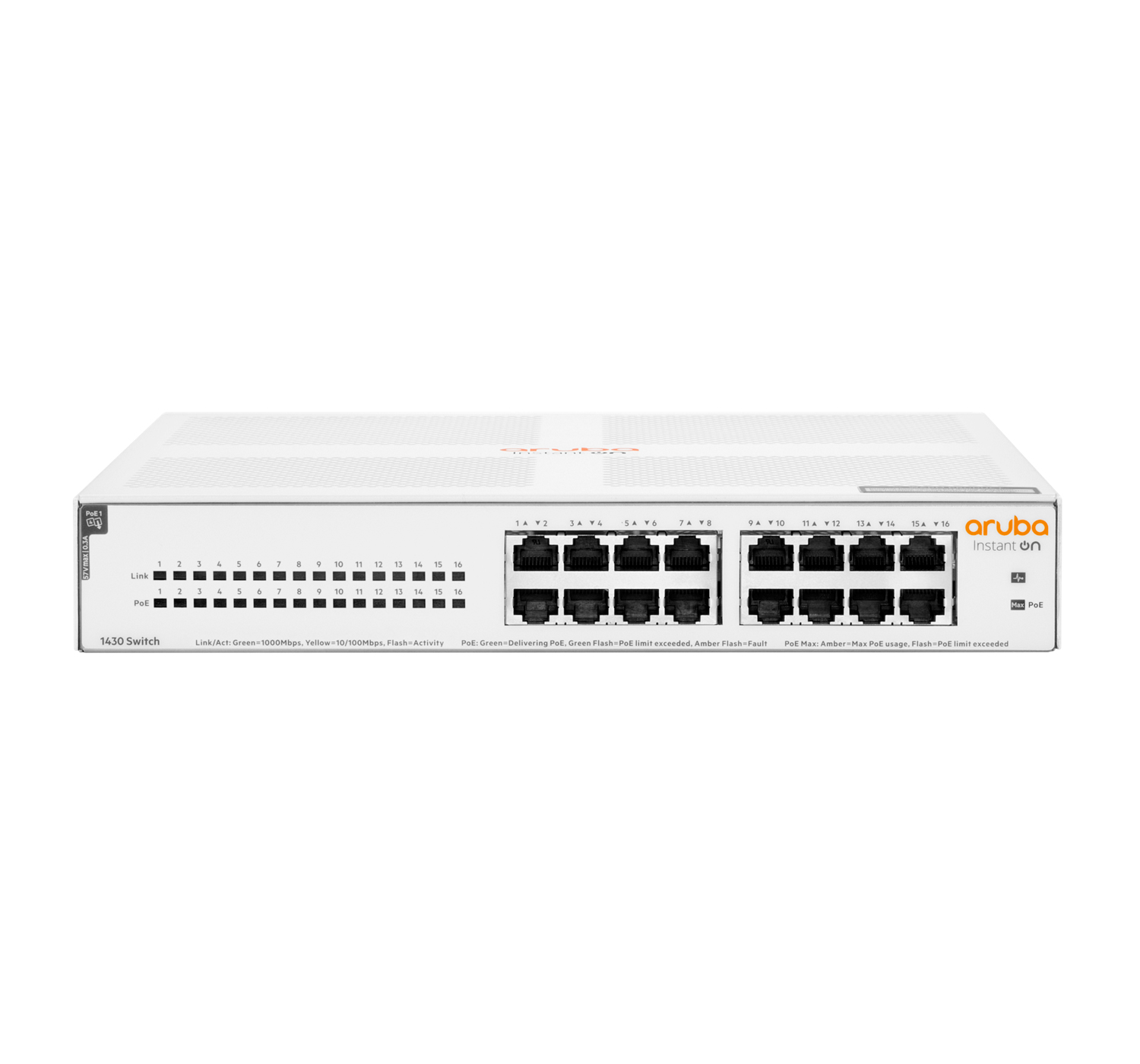 Aruba Instant On 1430 16G Class4 PoE 124W Unmanaged L2 Gigabit Ethernet (10/100/1000) Power over Ethernet (PoE) 1U White